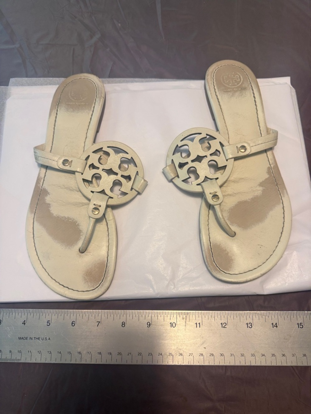 Tory Burch Optic White Leather Logo Miller Thong Sandals Size 10 - Picture 13 of 13